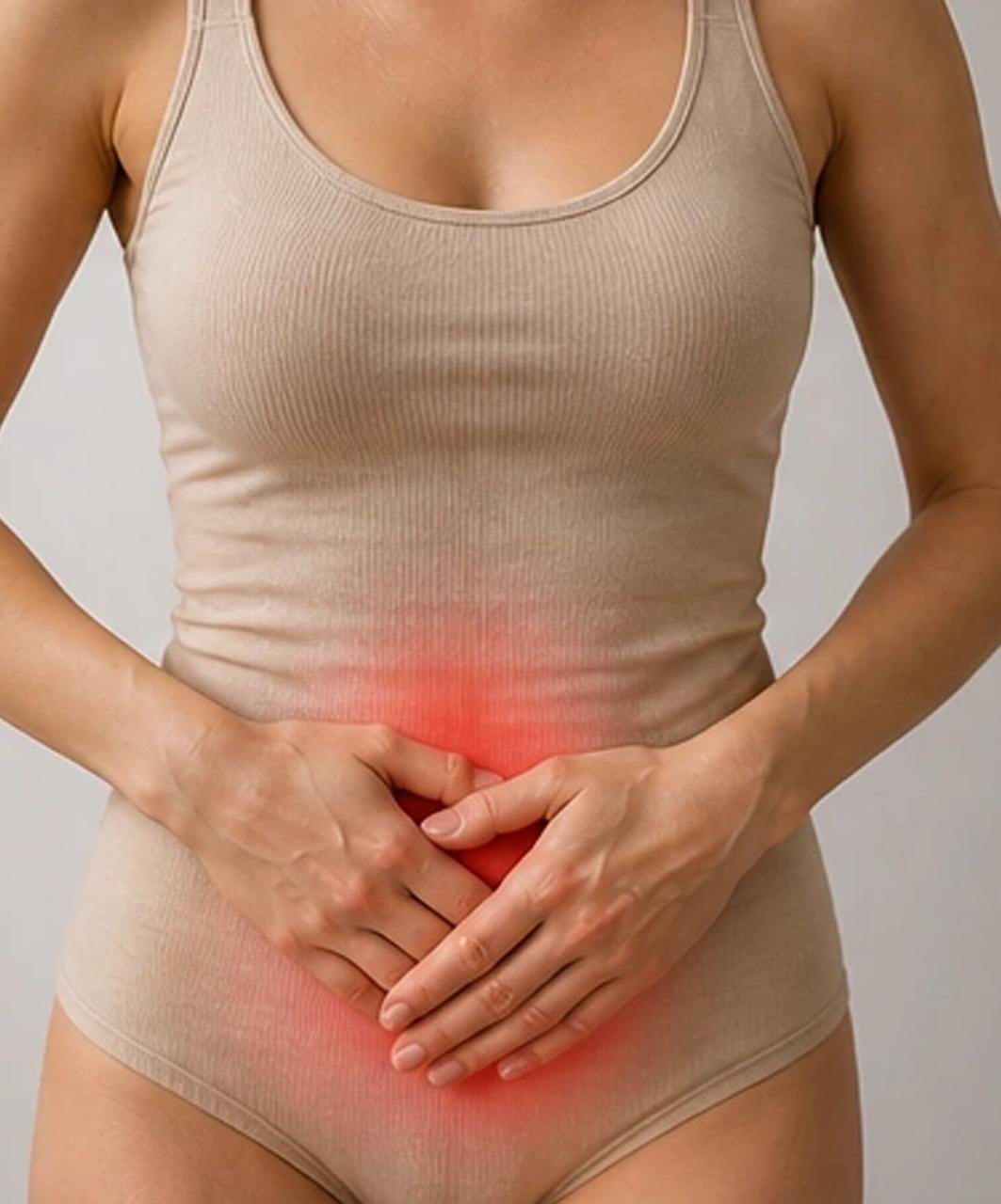 Mulher com as mãos sobre o abdômen, com região avermelhada indicando dor, representando a endometriose