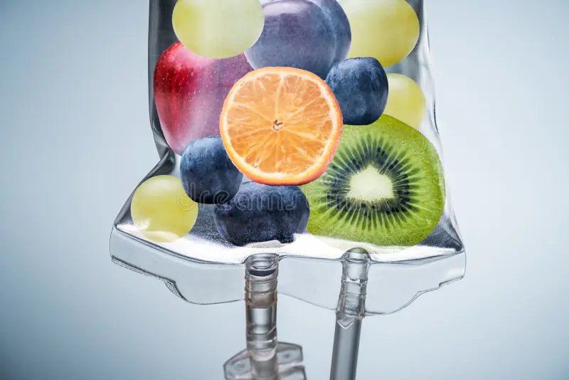 Bolsa de soro com frutas coloridas, representando a terapia nutricional injetável